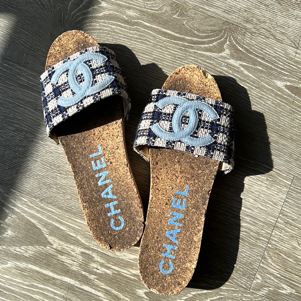 Plaid Blue Chanel Mules